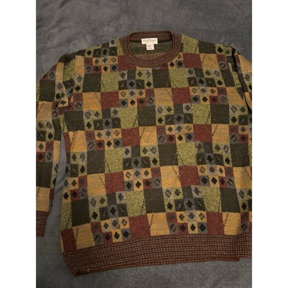Norm Thompson Sweater Mens L Brown Patchwork Wool Blend Grandpa Core - Picture 1 of 6